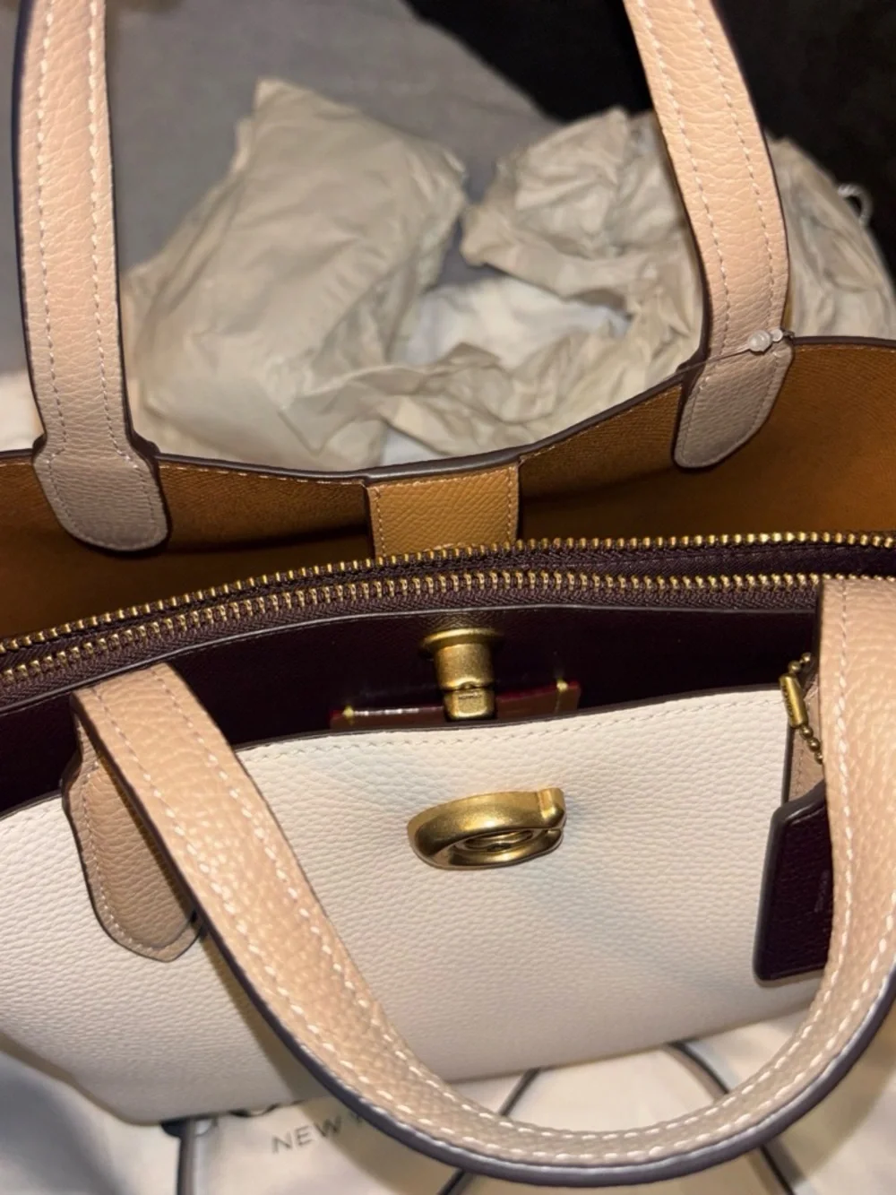 Coach Pebbled Leather Satchel in Chalk and Tan Trim